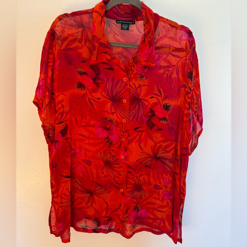 American Angel II Red Floral Sheer Blouse 2X